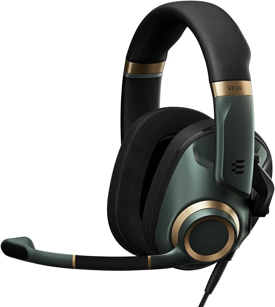 Green over-ear wired headset with detachable boom mic and volume wheel