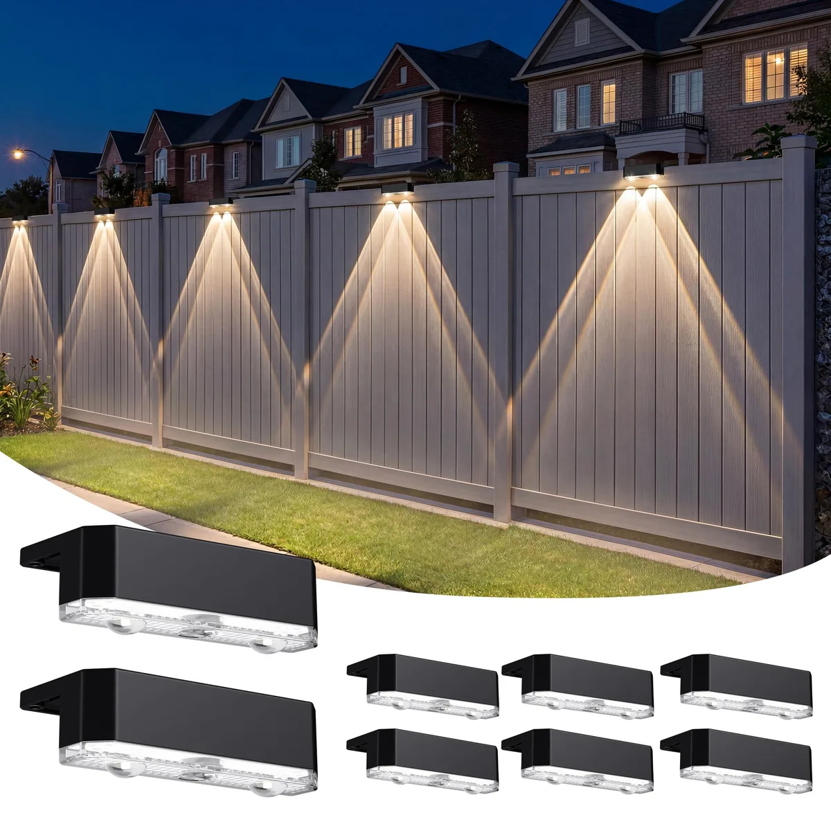 Eight small white rectangular solar fence lights with clear prismatic tops, stainless screws and tape included