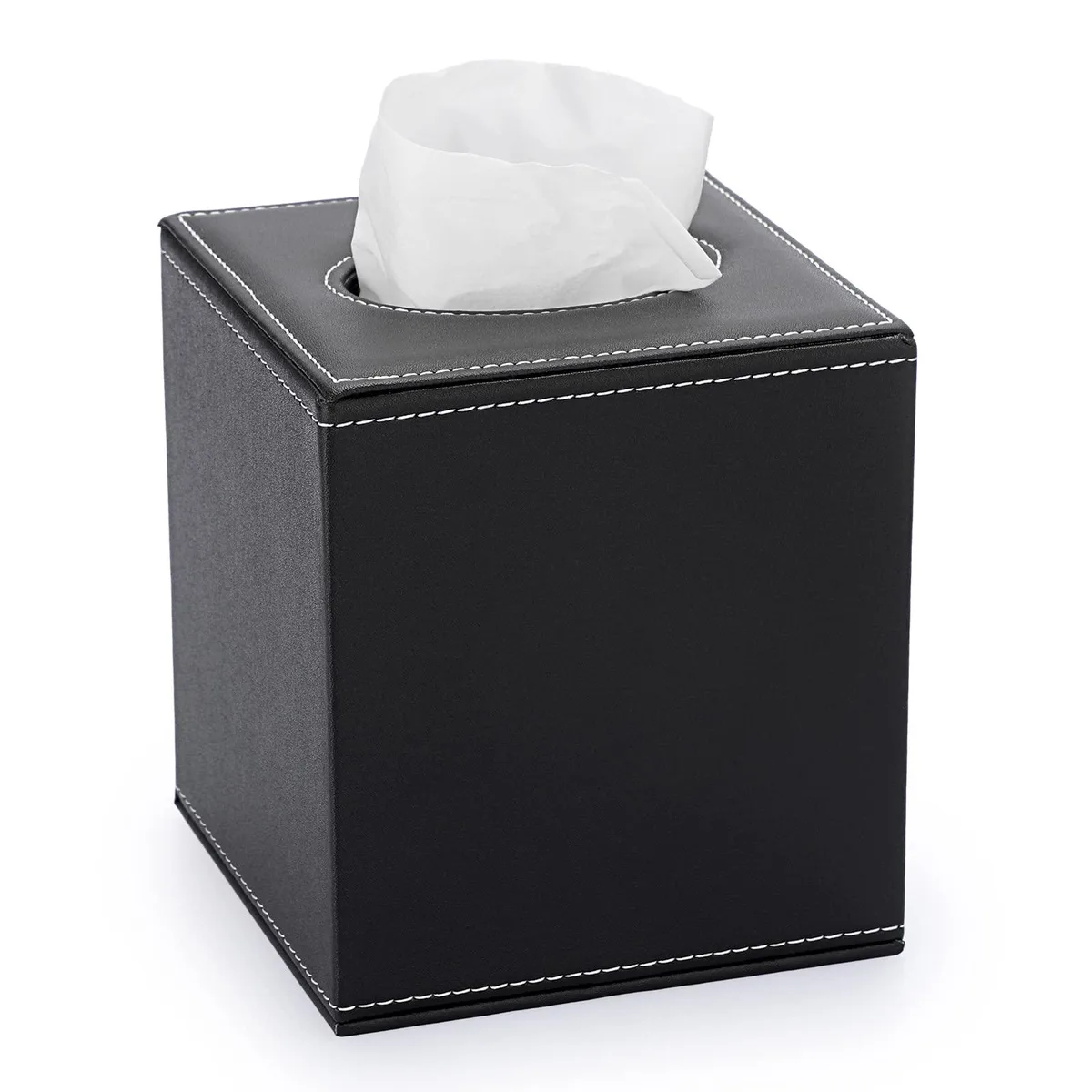 Black faux leather cube tissue box cover with magnetic bottom, 5.12 inches square by 5.51 inches high