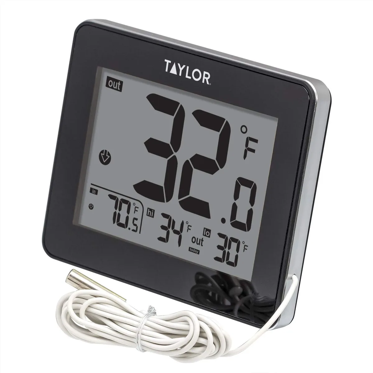 White digital thermometer with LED display and 10 ft wired probe sensor