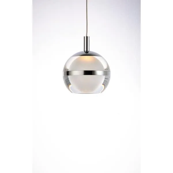 Polished chrome pendant with eight frosted crystal acrylic orbs dimpled at the bottom