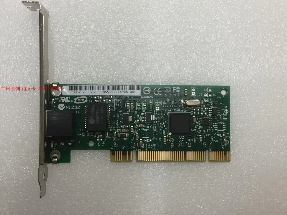 Green printed circuit board with gold edge connector and metal bracket featuring single network port