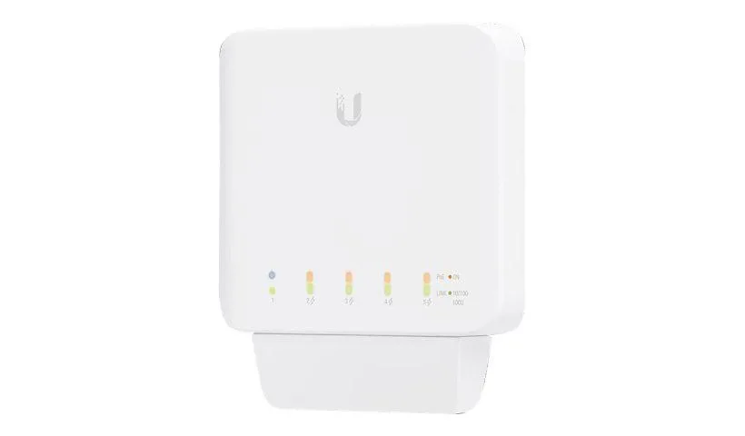 Small white desktop switch, five RJ45 ports, compact square shape