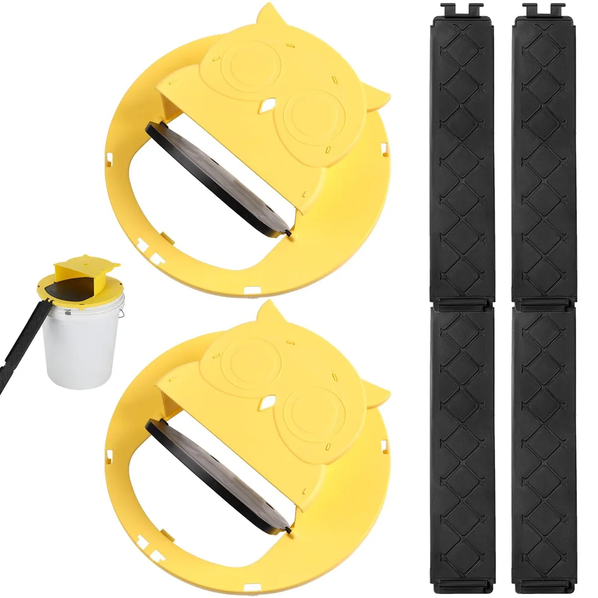 Two owl-style bucket lids, plastic, light-coloured, trap mechanism visible