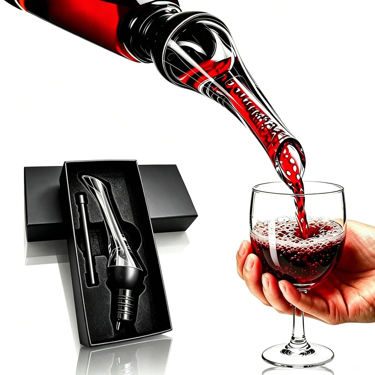 Twelve clear acrylic wine aerator pourers in gift case