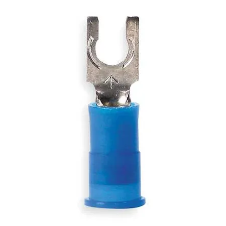 Blue nylon insulated fork terminal, #6 stud, 14-16 AWG, crimp style