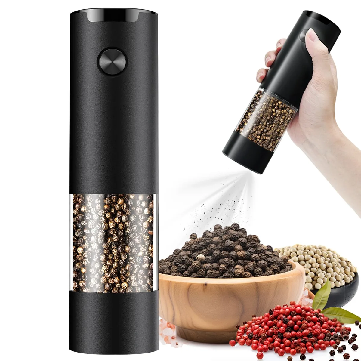 Black stainless steel electric salt and pepper mill, 2.2 by 7.2 inches, with LED light and adjustable ceramic grinder