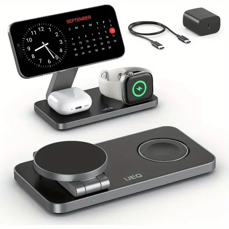Black foldable 3-in-1 MagSafe wireless charging stand for iPhone, Apple Watch, AirPods
