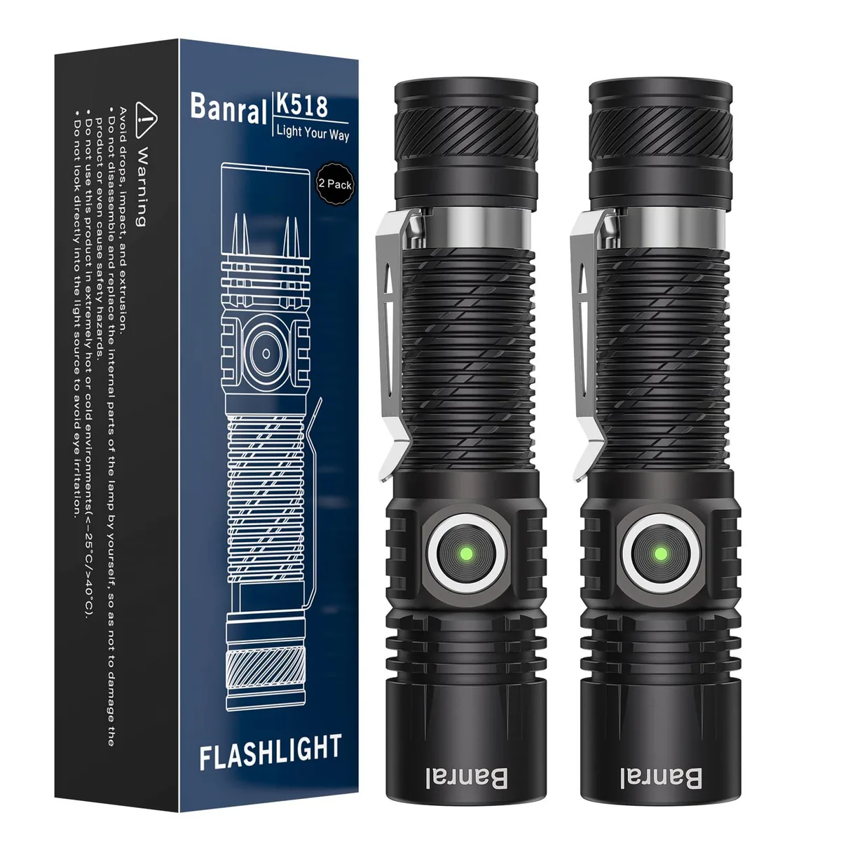 Black cylindrical aluminium flashlight with pocket clip
