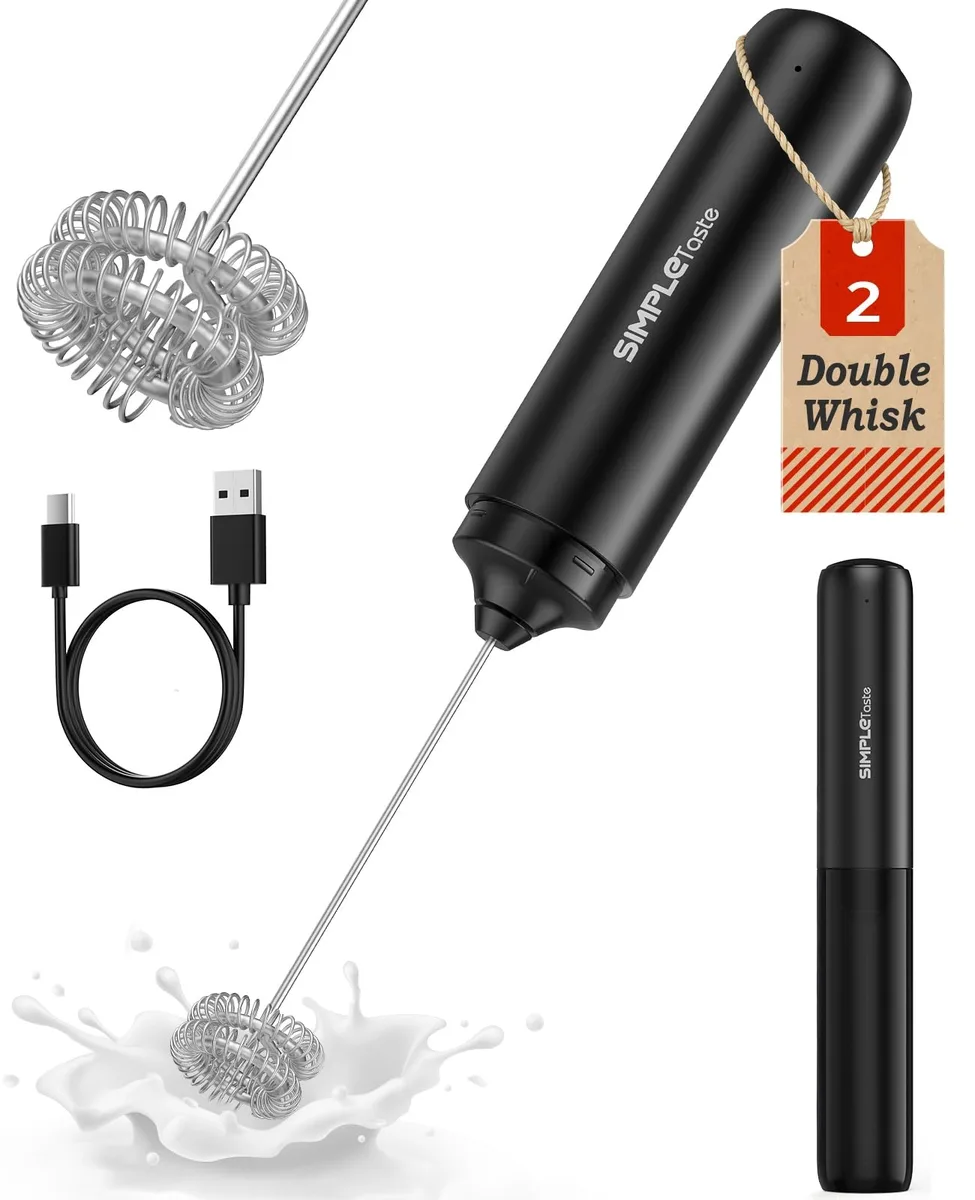  SIMPLETASTE Milk Frother Rechargeable Dual Coil Whisk Head Mixer Glossy Black — product photo