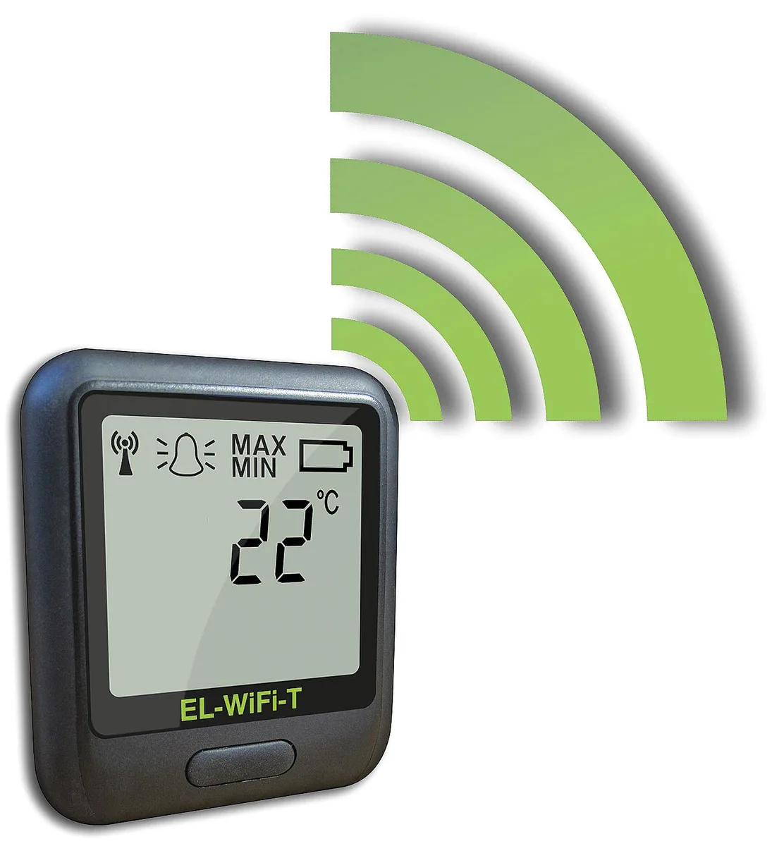 White rectangular WiFi data logger with display and sensor probe