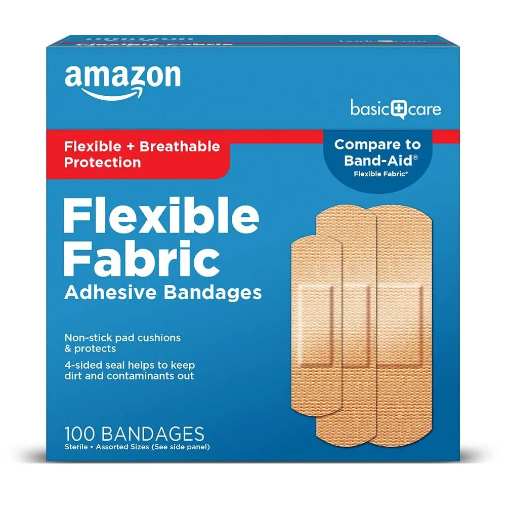 Box of 100 tan fabric adhesive bandages in assorted sizes