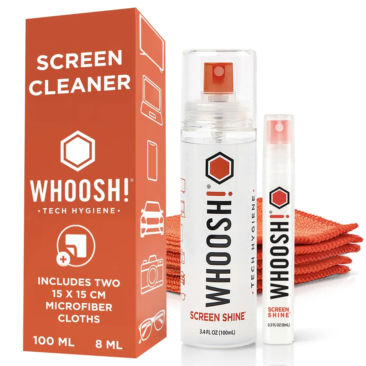  WHOOSH! Screen Shine Duo 3.4 oz &amp; 0.3 oz with 2 Microfiber Cloths — product photo