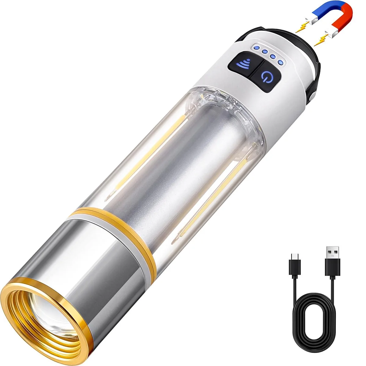 Cylindrical flashlight with magnetic base and zoomable head