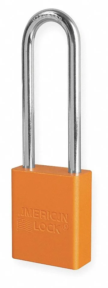Orange anodized aluminium padlock with extended boron alloy shackle
