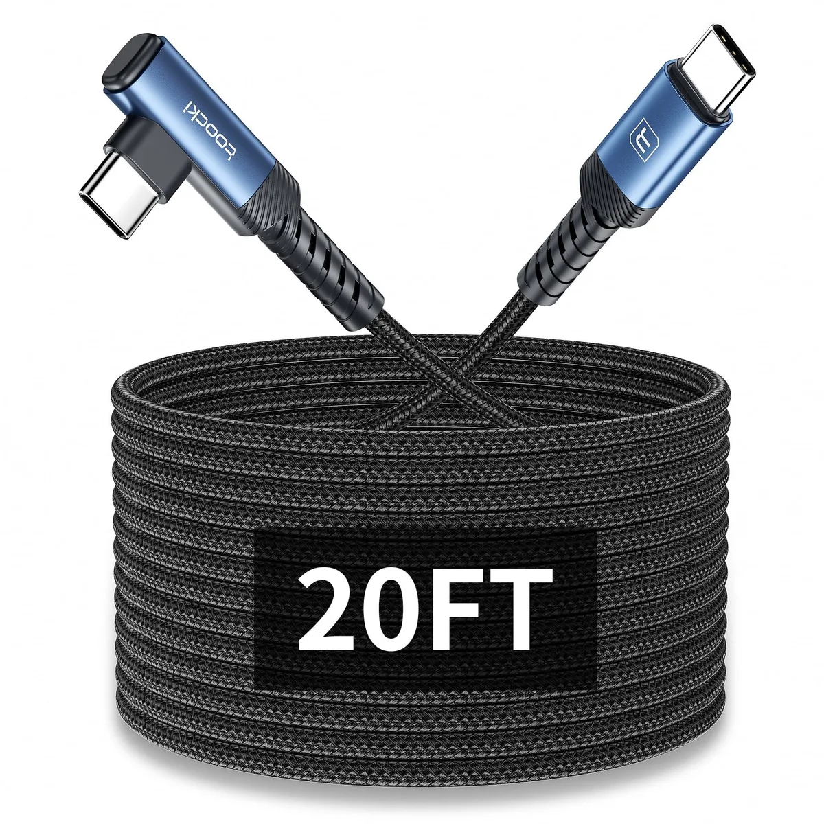 Blue nylon-braided USB-C cable with right-angle plug, 20 feet long