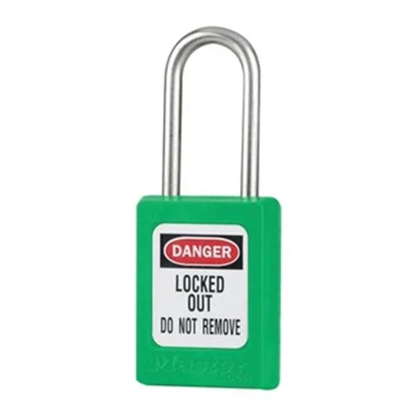Green thermoplastic safety padlock with stainless steel shackle, keyed alike, three pack