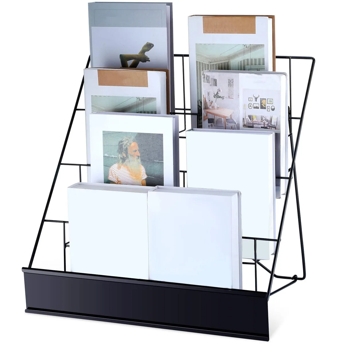 Black wire mesh display stand, four tiers, 18 by 17.5 by 14.5 inches