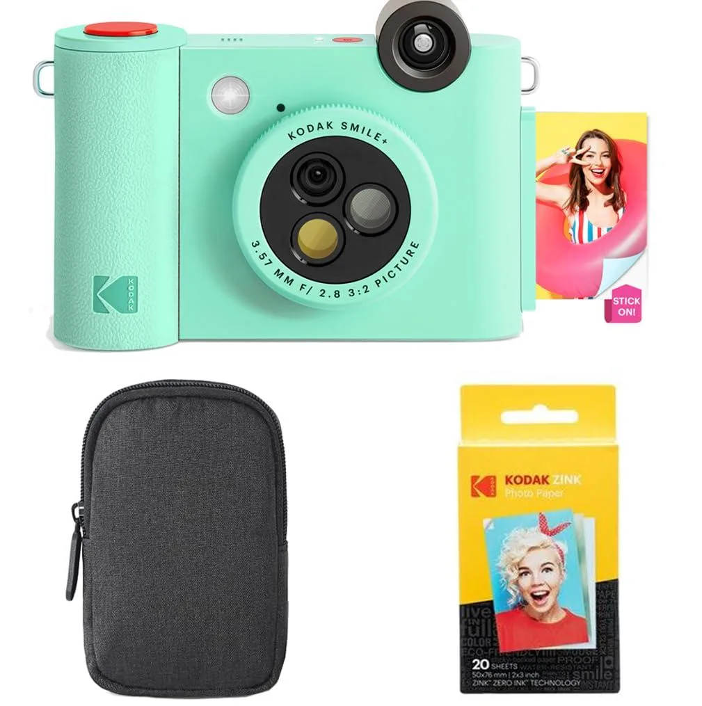 Green compact instant camera with rotating lens and bundled case and paper