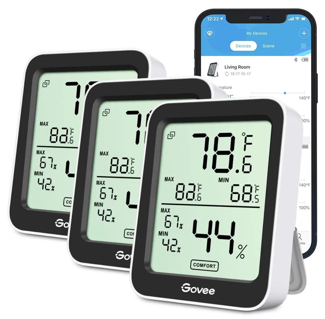 Three yellow Bluetooth thermometers with LCD displays
