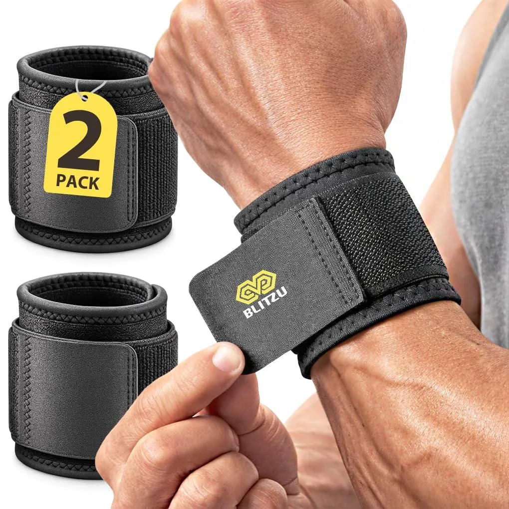 Pair of black neoprene wrist wraps with dual adjustable straps, one size fits all
