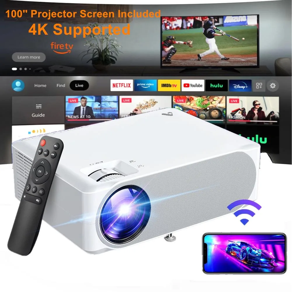 White rectangular LED home theater projector with front lens and ventilation grilles