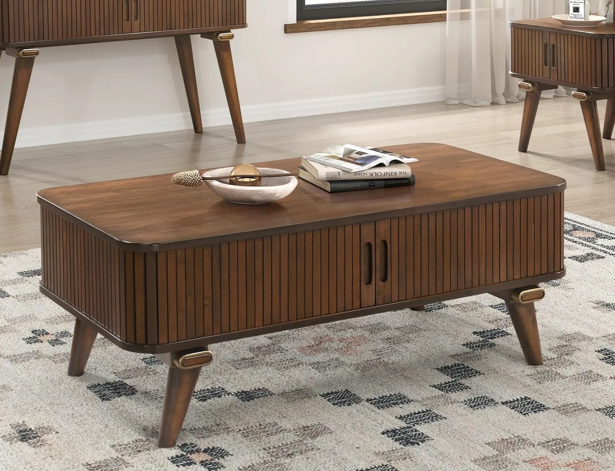 Walnut cocktail table with two tambour doors and fixed shelves