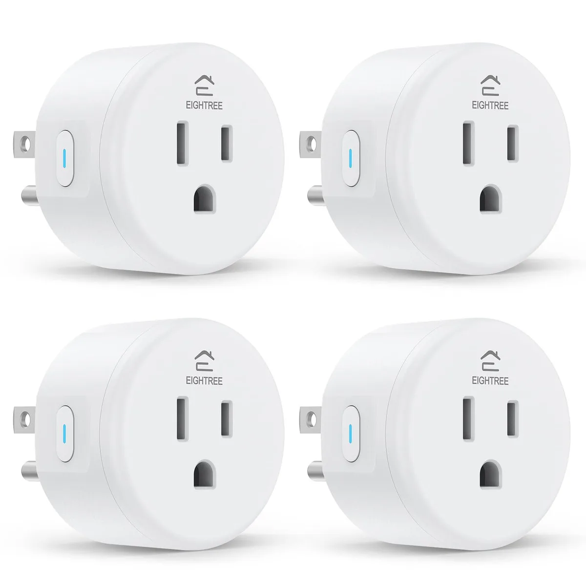 Four compact white round smart plugs with side buttons