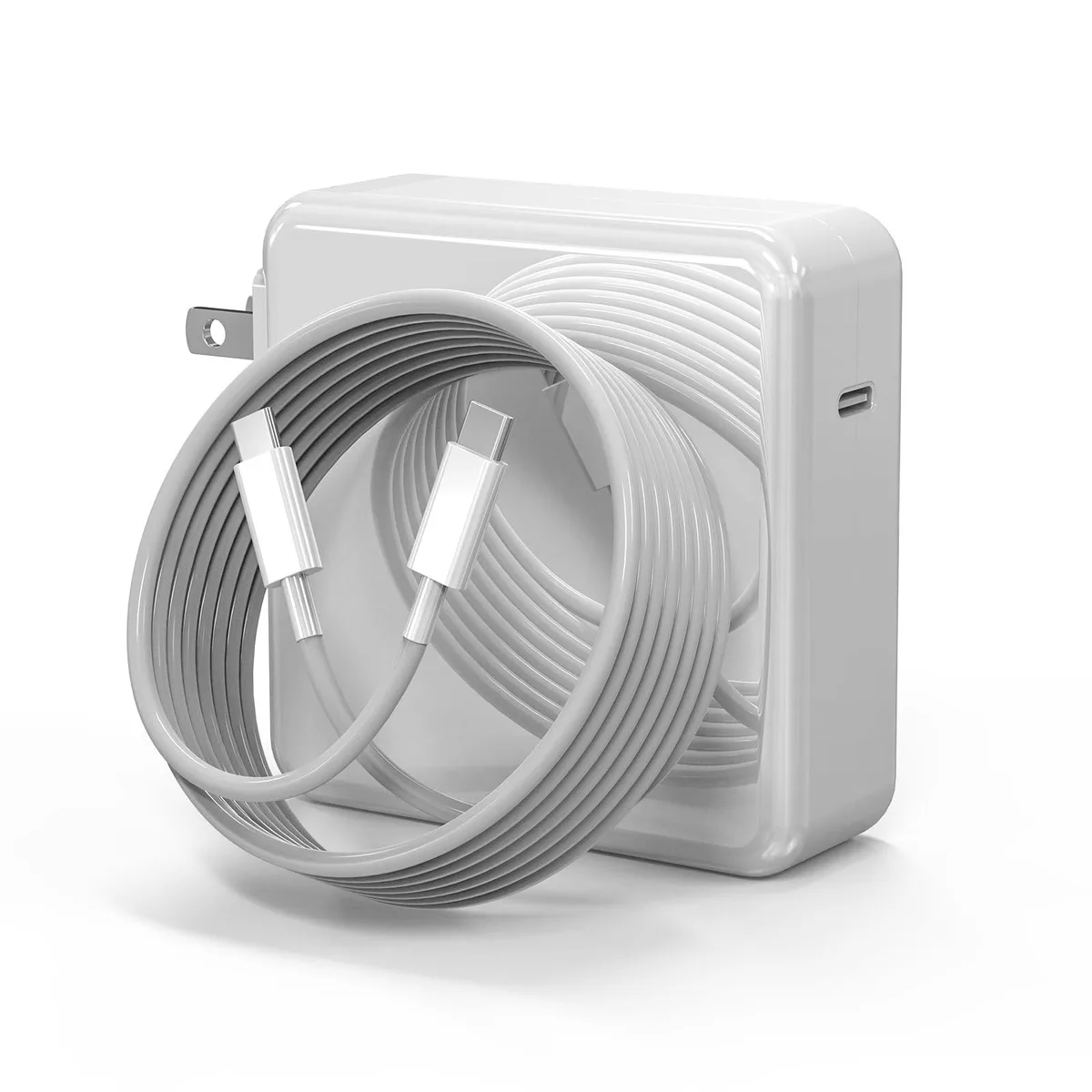 White rectangular USB-C power brick with foldable plug and attached cable