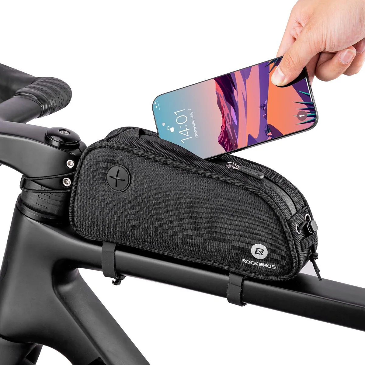 Silver polyester top tube bag with elastic cord straps on a bike frame