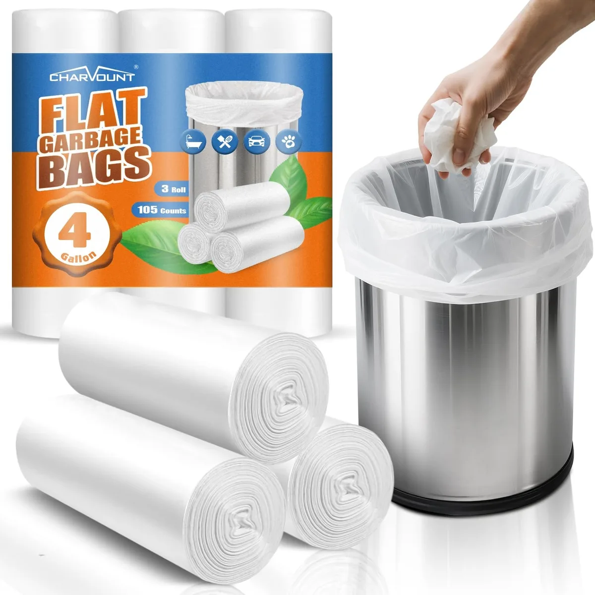 White high-density polyethylene garbage bags in a 105-count pack