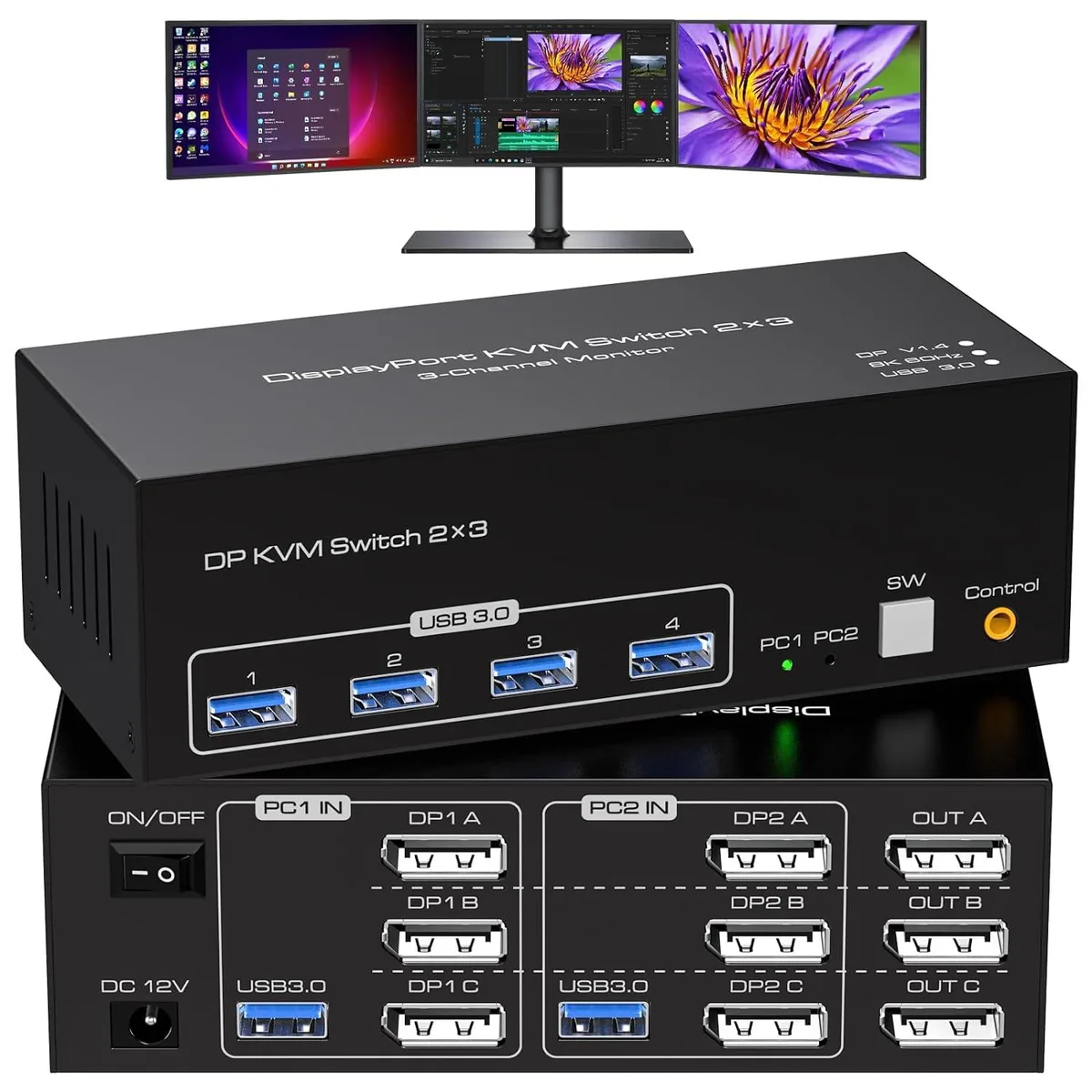 AUBEAMTO AUBEAMTO SW233-3DP 8K KVM Switch 3 Monitors 2 Computers DP 1.4 4 USB 3.0 — product photo
