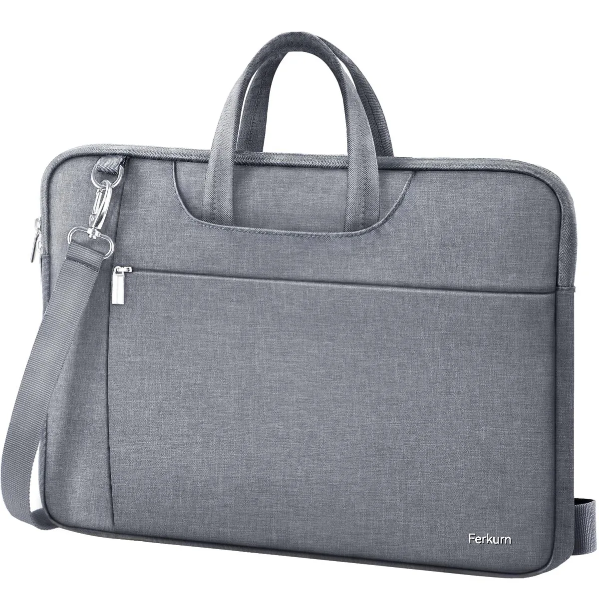 Grey laptop briefcase with detachable shoulder strap, slim water-repellent polyester body