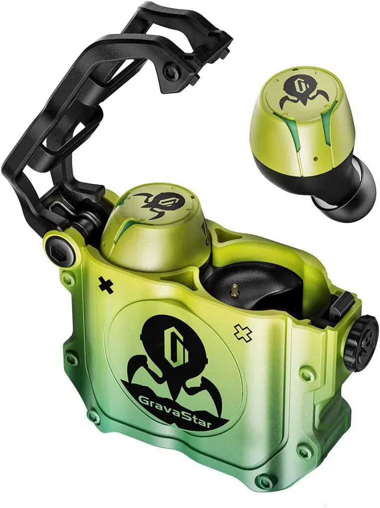 Neon green earbuds in a zinc alloy case with laser-etched touch panel