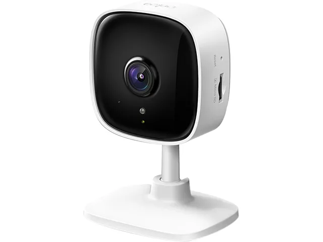 White indoor wireless camera with rounded body and dark lens