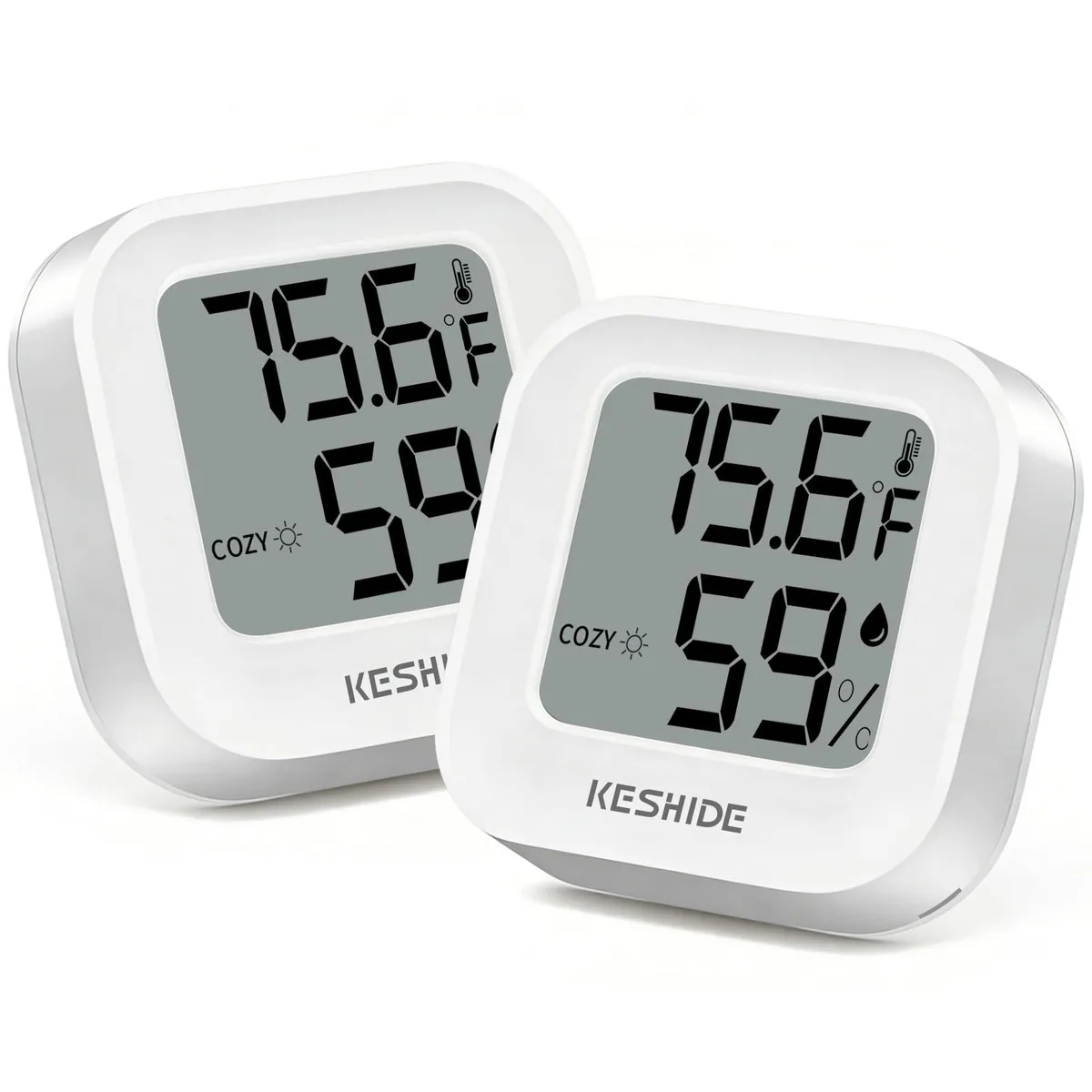 Black rectangular infrared thermometer with LCD display showing temperature and humidity readings