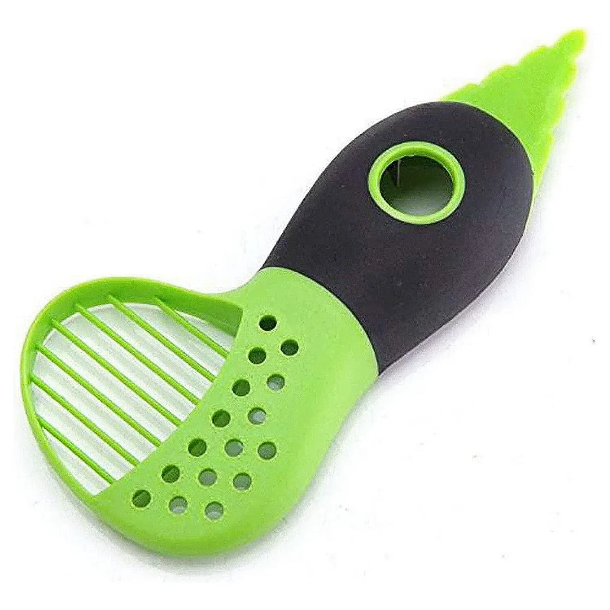 Green plastic avocado tool with stainless steel parts, 7.5 by 3.25 inches