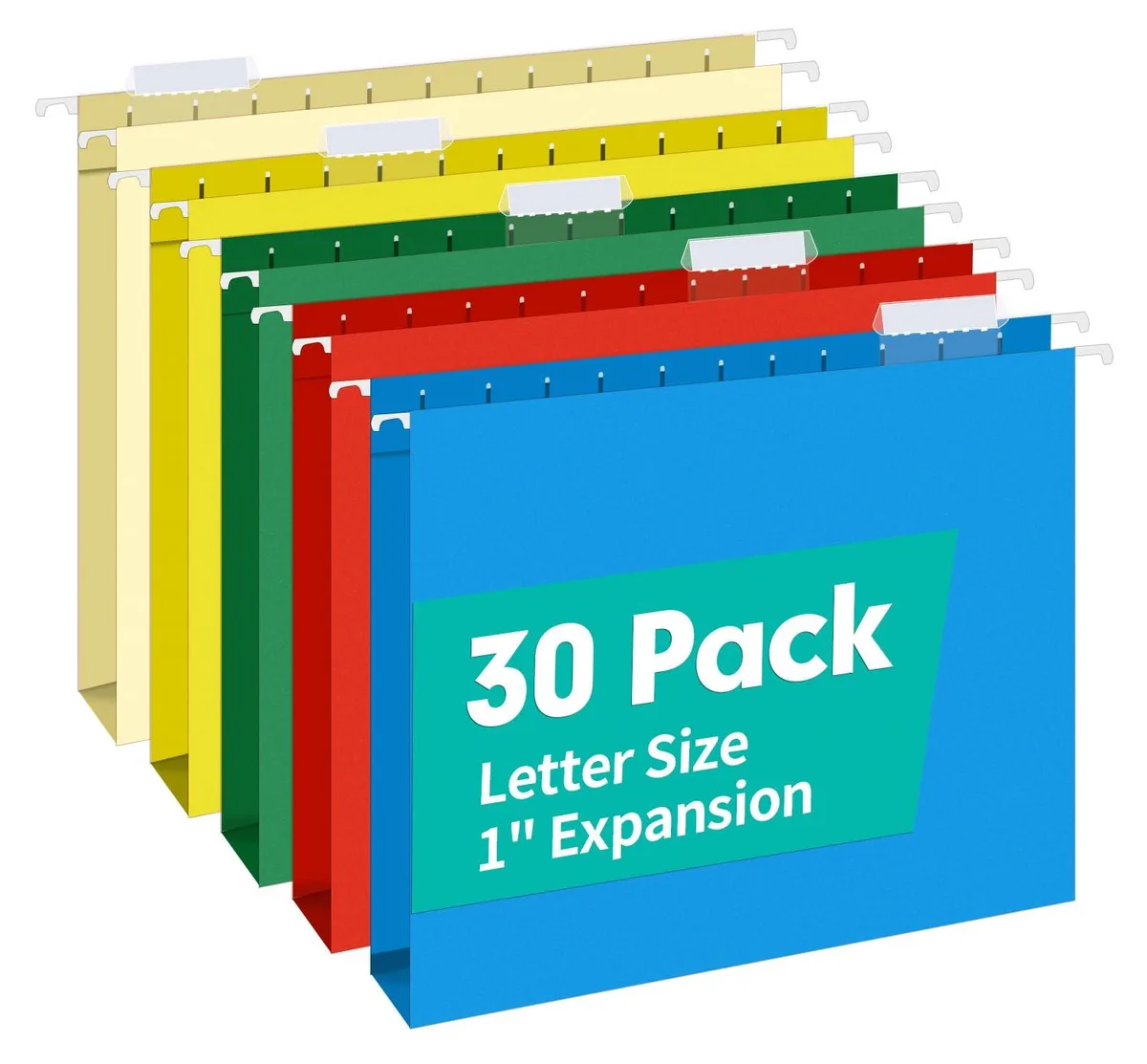 Pack of 30 letter-size hanging folders in five colours with 1-inch expansion pockets