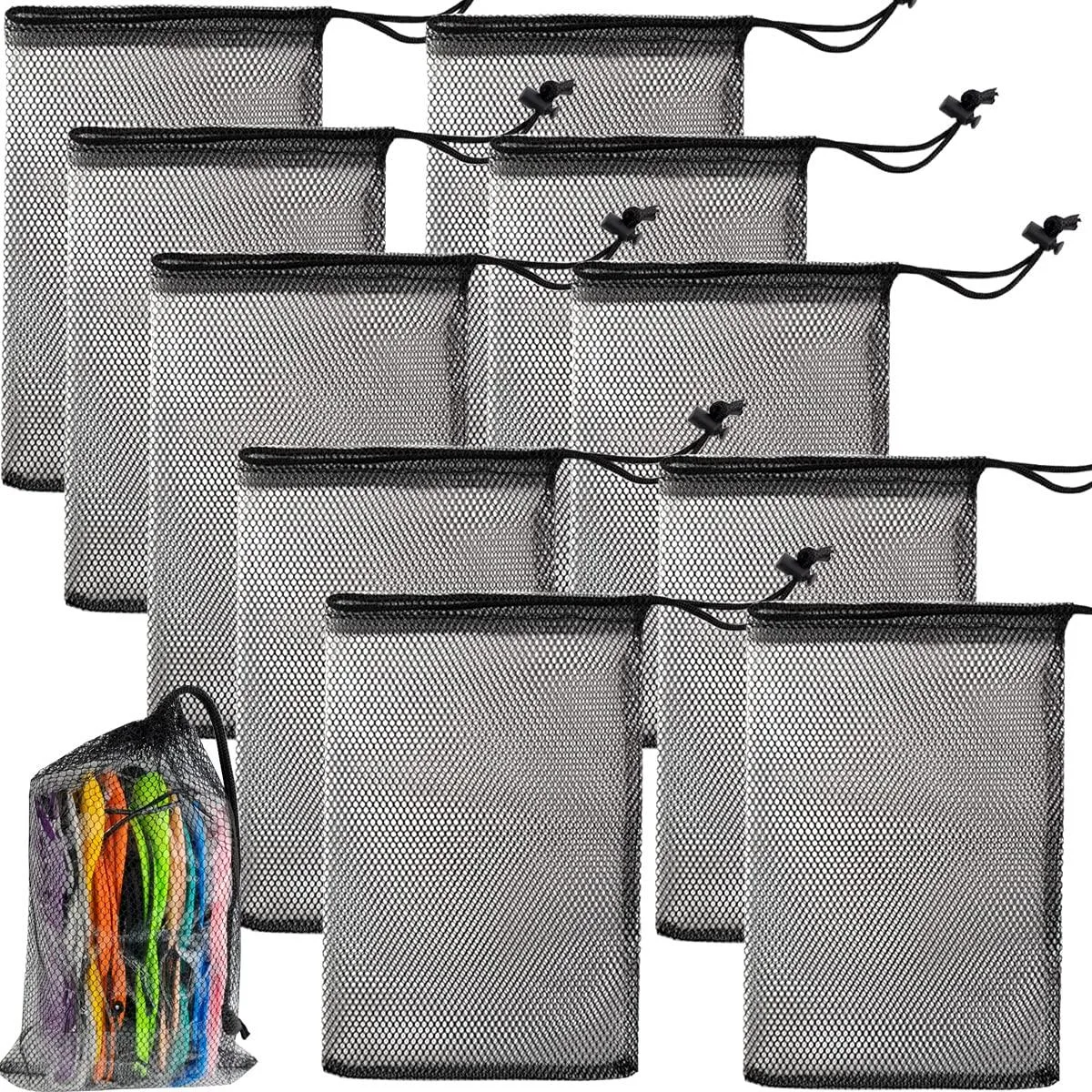 Ten black nylon mesh drawstring bags, 8 by 12 inches