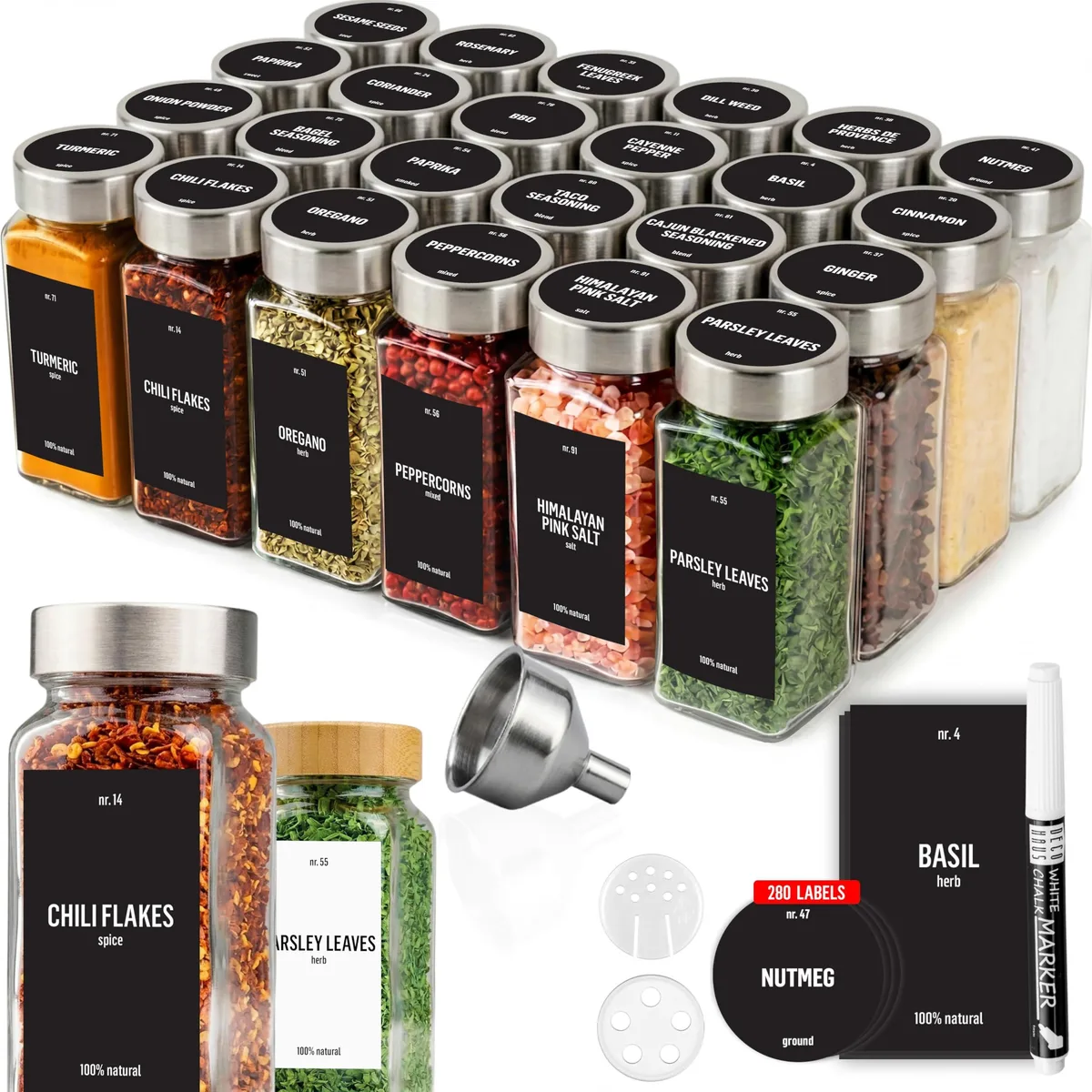 Twenty-four square glass jars with stainless lids, shaker inserts, labels, funnel and chalk marker