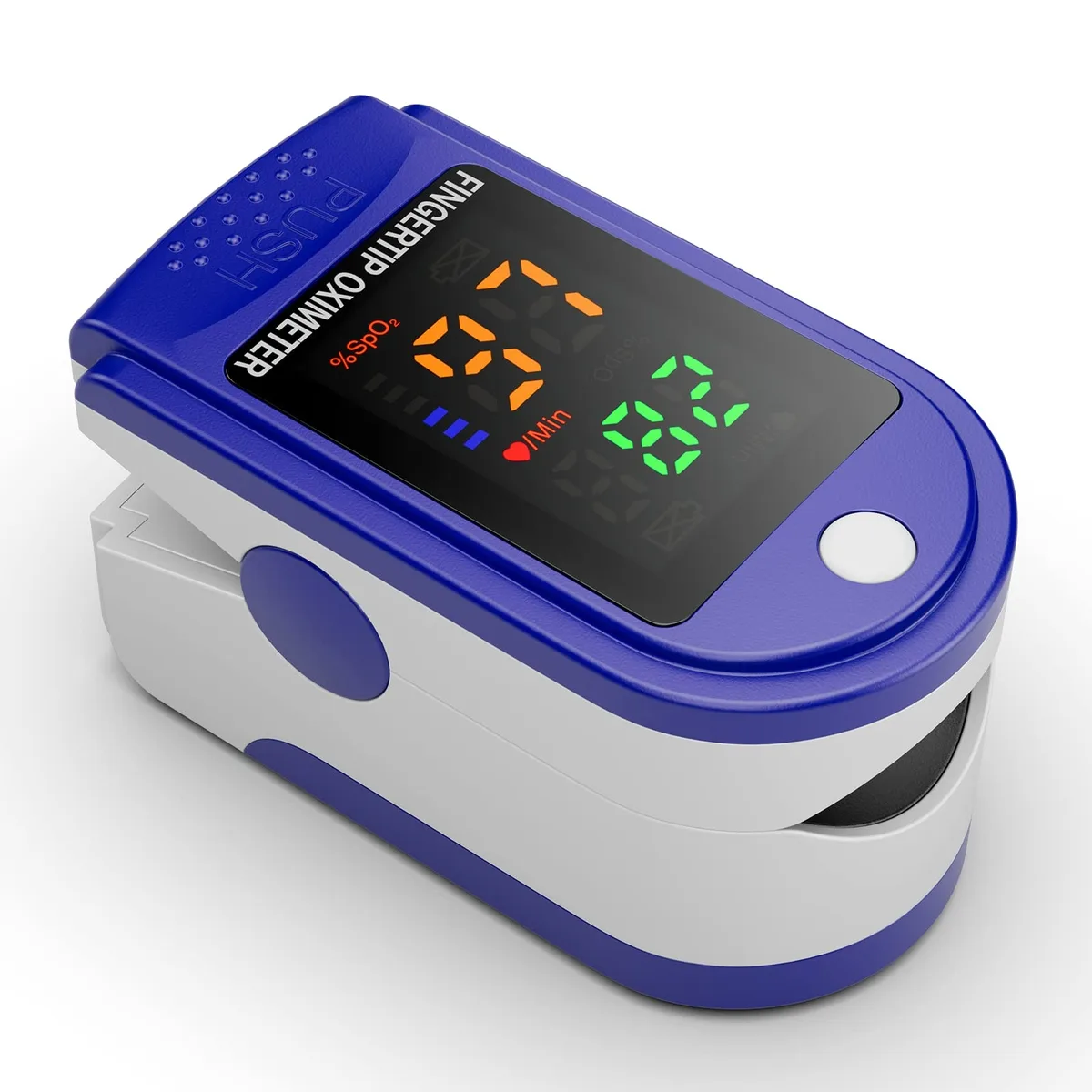 Blue fingertip pulse oximeter with OLED screen and lanyard