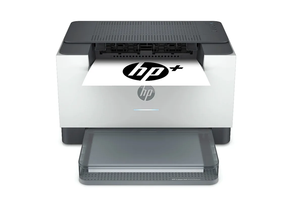 Compact white laser printer with front paper tray and output bin
