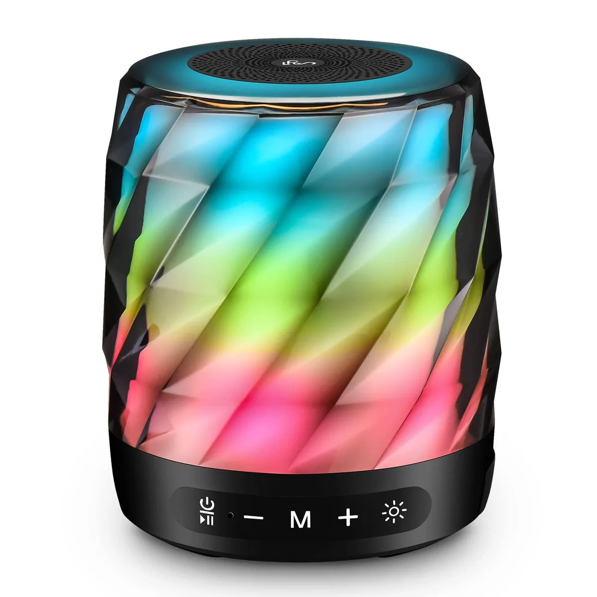 Compact black cube speaker with multi-colour LED lights and carrying lanyard