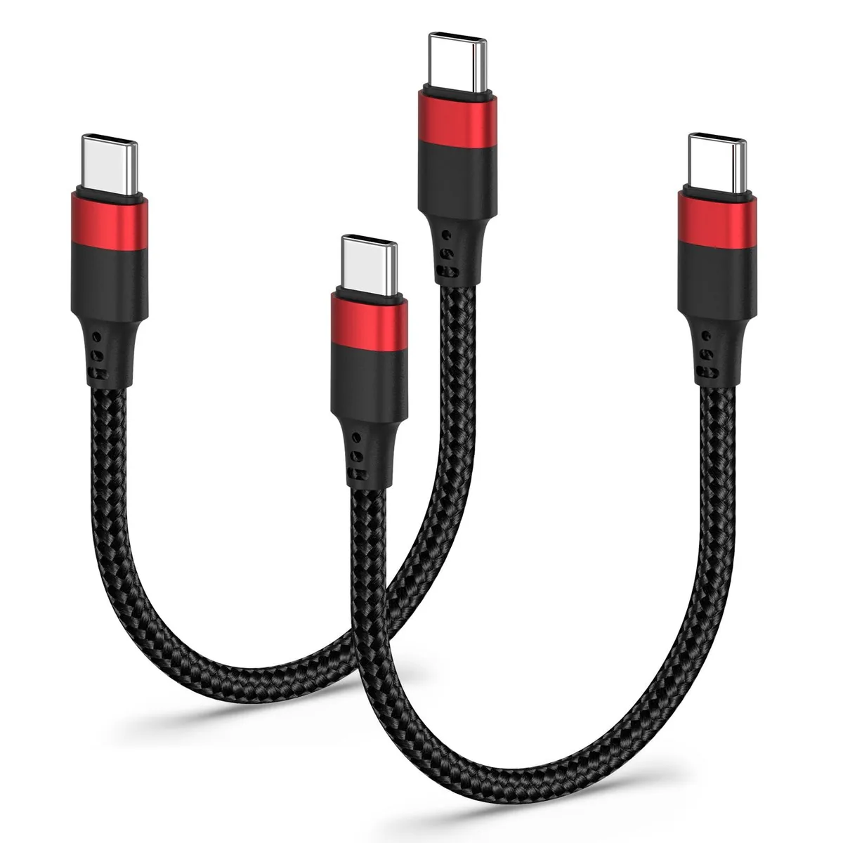 Two short black braided USB-C cables with metal connectors