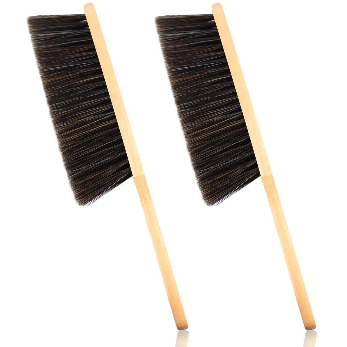 Two wooden-handled dust brushes with soft light bristles, brown finish