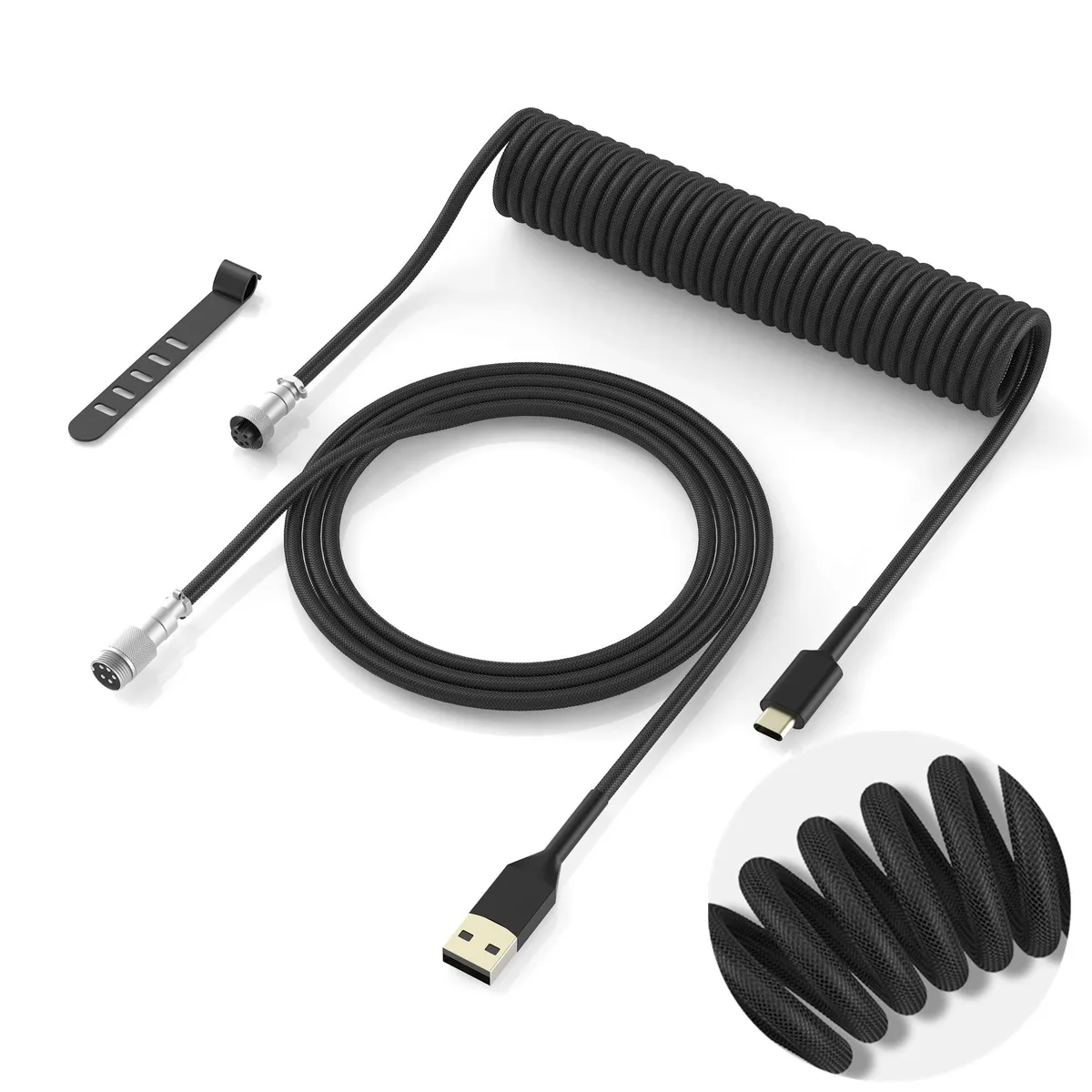 Womier Womier Coiled Keyboard Cable Black 62in 160cm 15cm coil 20mm 5.9in Type C to USB A — product photo