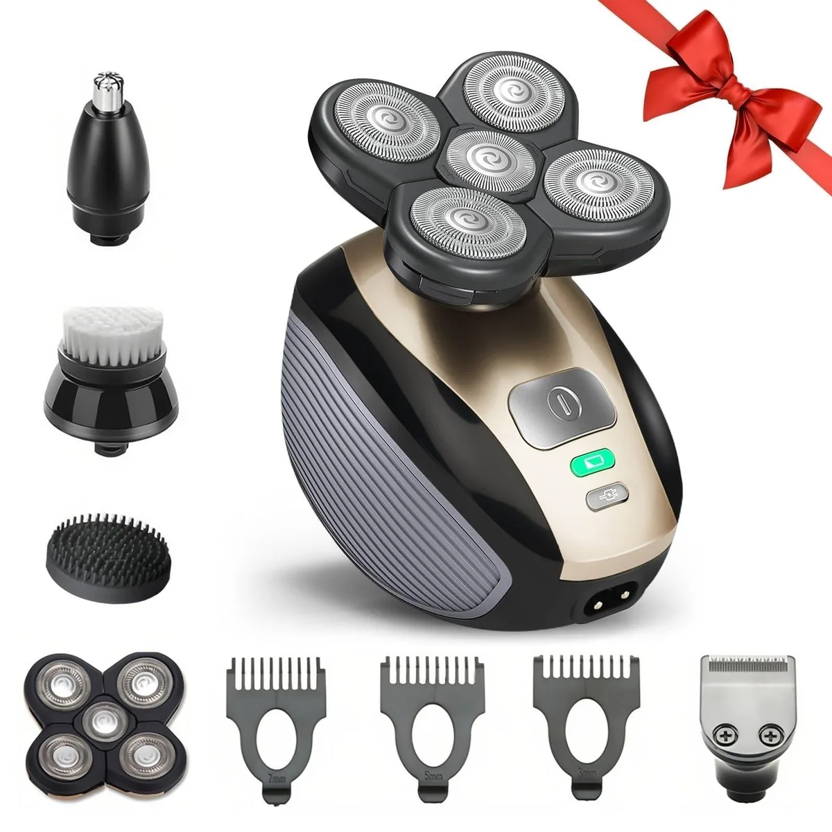 Light gold rotary shaver with five detachable heads and cleaning brush