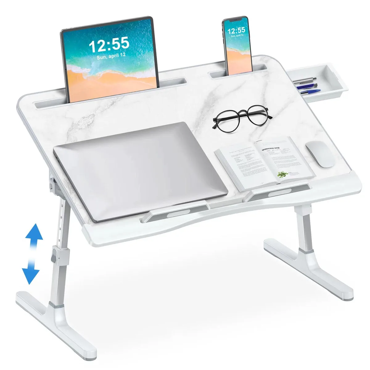 Rectangular foldable lap desk with marble-patterned leather surface and adjustable metal legs