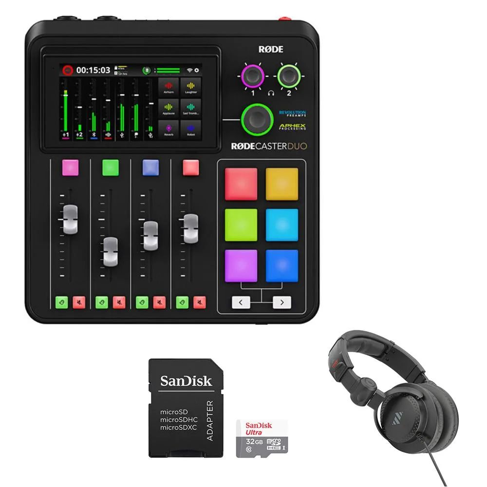 RODE Microphone RODE RODECaster Duo MIDI with Polsen HPC-A30 Headphones and SanDisk 32GB SDHC Card — product photo