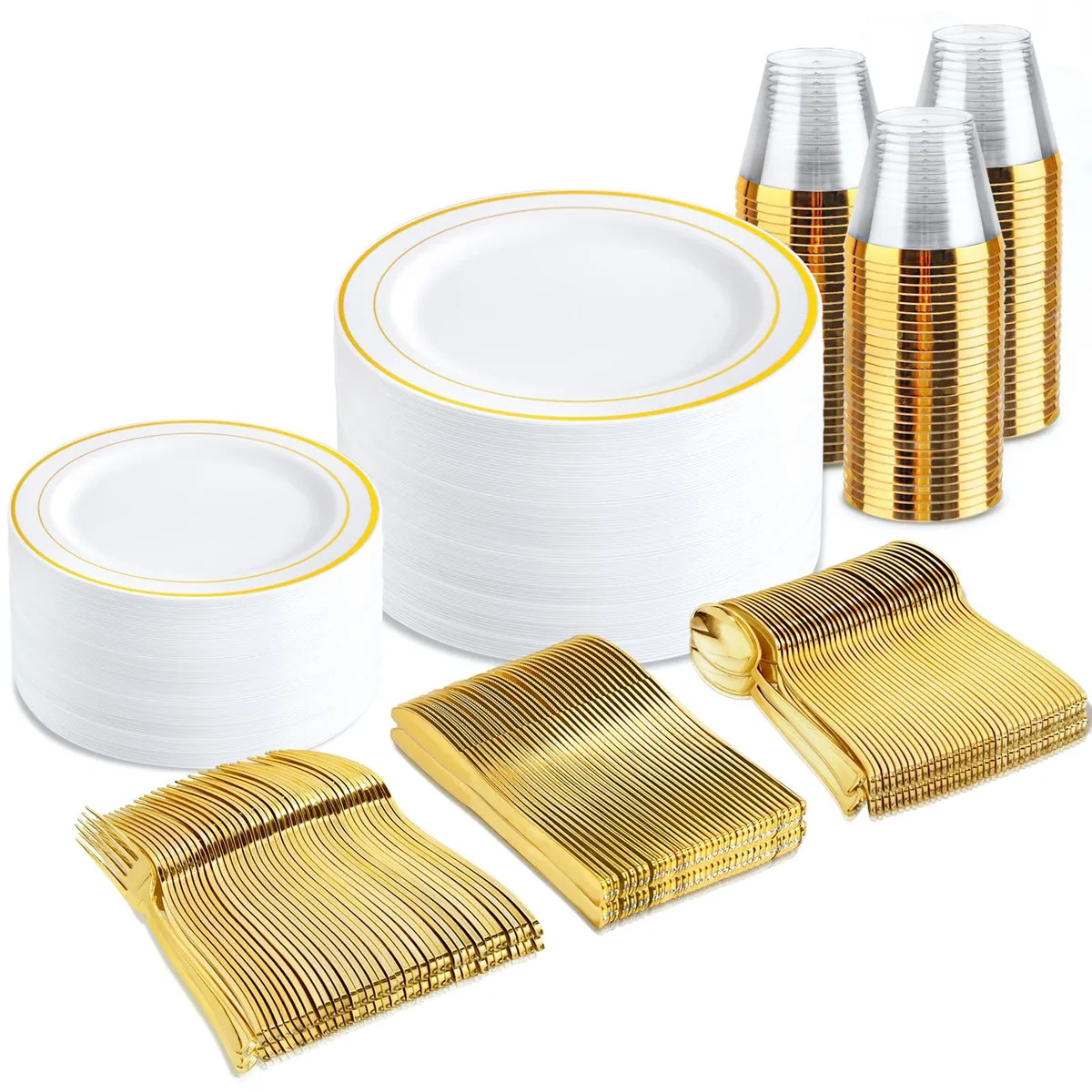 White boxed set of black plastic cutlery with gold trim, 50 pieces